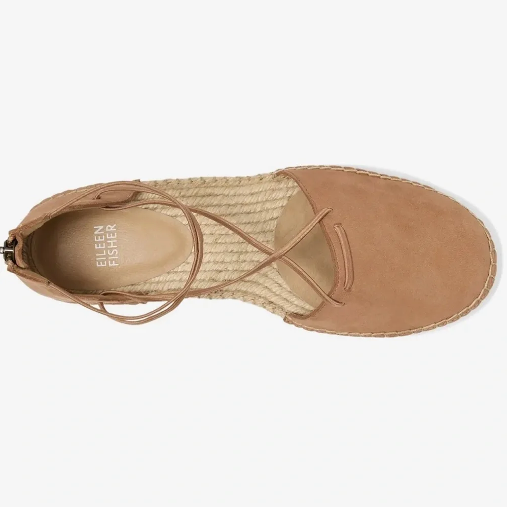 Eileen Fisher Tan Leather Espadrille Flat Elastic Straps Zip Heel Closure SZ 7